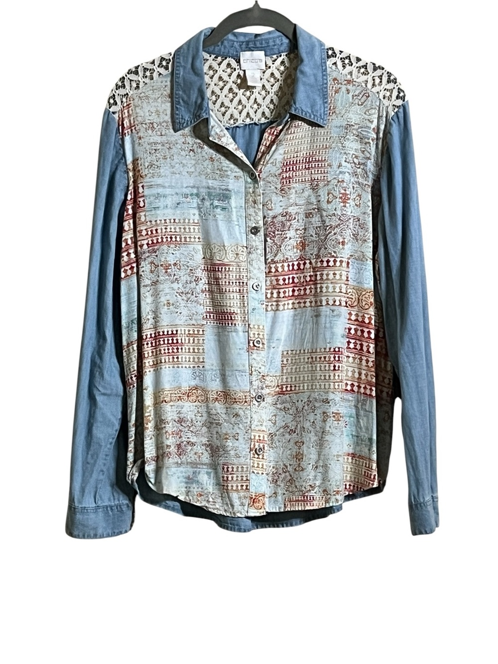 Chico's Chambray Button Down Blouse with Cream Crochet Lace Size 2 (Large)